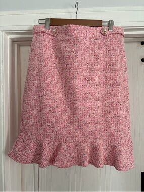 Pink Tweed Pencil Skirt with Ruffle Hem